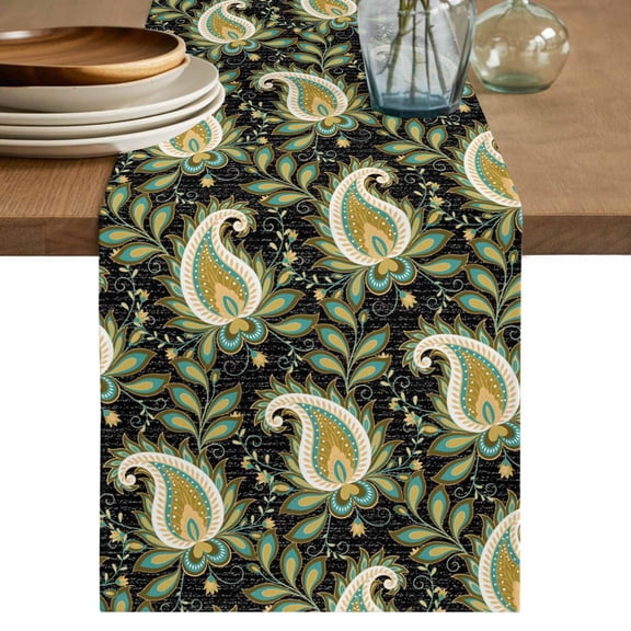 Black Yellow Bandanna Table Runner, Ethnic Indian Style Cotton Linen Kitchen Table Decoration Washable Dining Tabletop Runners for Home Party Decor 13x36 Inches