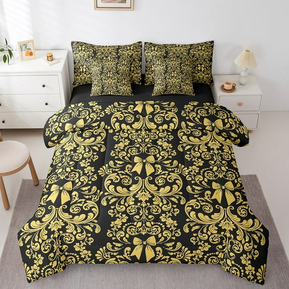 Black Yellow Bowknot Bed in a Bag King Size Comforter Set 7 Pieces,Antique Victorian Damask Sheet Set,Bowknot Bedding Set,Vintage Floral Gothic Bed Set Exotic Flowers Bohemian Baroque Decor