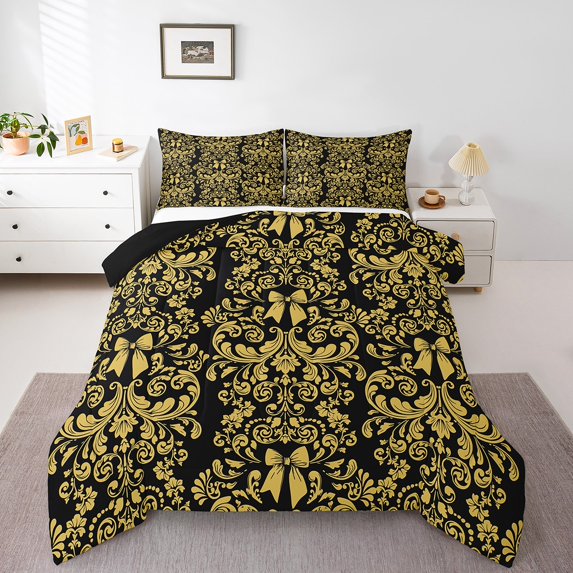 Black Yellow Bowknot Comforter Set Antique Victorian Damask Bed Set,Bowknot Queen Bedding Sets,Vintage Floral Gothic Duvet Set Exotic Flowers Bohemian Baroque Decor