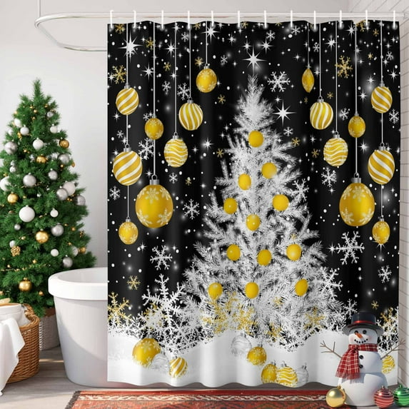 Black Yellow Christmas Balls Shower Curtain, 72" x 72", Xmas Tree Snowflake Waterproof Bathroom Curtain Washable Shower Curtain Set with 12 Hooks