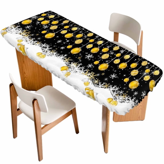 Black Yellow Christmas Balls Table Cloths for 8 Foot Rectangle Tables, Xmas Snowflake Patio Waterproof Elastic Fitted Tablecloths, Washable Rectangular Table Cover for Camping