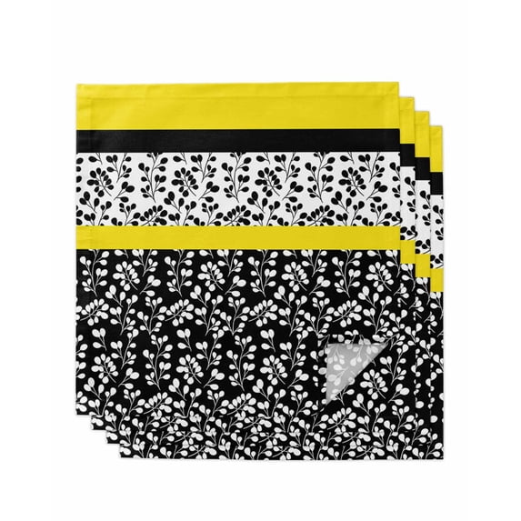Black Yellow Cloth Napkins Set of 4 Reusable Dinner Napkins, Garden Floral Stripe Aesthetic Flower Boho Cocktail Napkin Washable Table Napkins for Wedding/Holiday Party/Baby Shower 20"x20"
