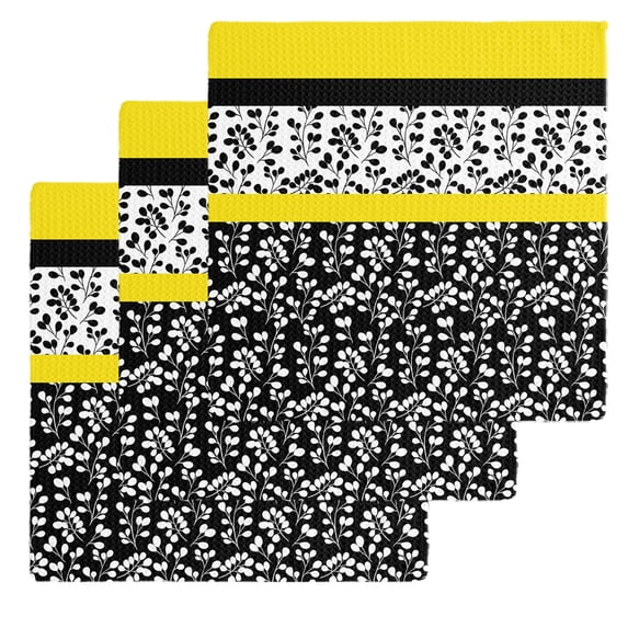 Black Yellow Dish Towels Set, Waffle Weave Kitchen Towels 3 Pieces, Garden Floral Stripe Aesthetic Flower Boho Microfiber Hair Face Bath Tea Towel Absorbent Quick Drying Cleaning Dish Cloths, 12"x12"