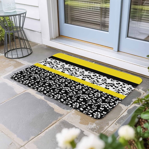 Black Yellow Door Mat Indoor Outdoor,Garden Floral Stripe Aesthetic Flower Boho Non Slip Welcome Mat with Rubber Backing,Absorbent Fabric Front Door Mats Entryway Rug for Home Patio Entrance 16"x24"