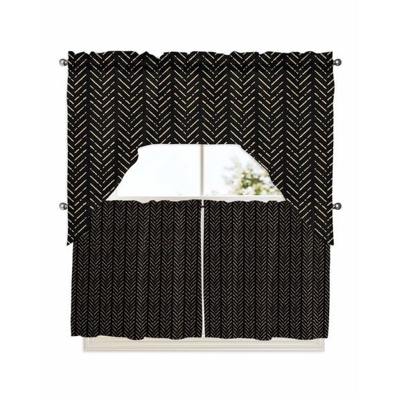 Black Yellow Geometric Kitchen Curtain and Valance Set 3 Pieces,Rod Pocket Short Tier Curtains 24 Inch Length,Modern Abstract Art Striped Swag Topper Small Window Treatment for Cafe Bathroom Bedroom