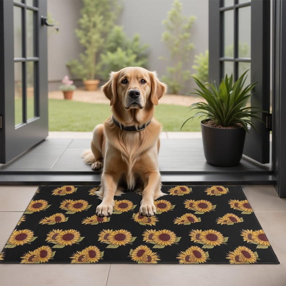 Black Yellow Green Leaf Sunflower Pattern Door Rugs,Washable Non Slip Door Mats Indoor,Decorative Door Mats,Entry Mat Indoor for Entrance,Bedroom,Kitchen,Bathroom,20"x32"