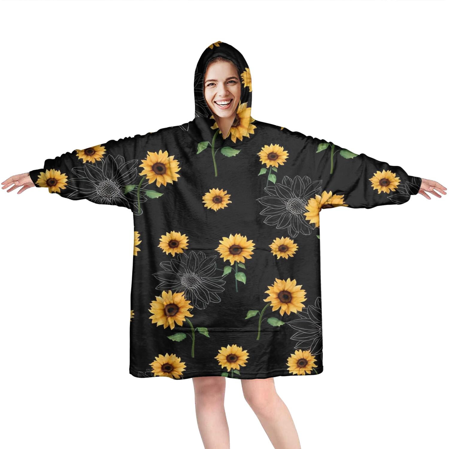 Black Yellow Green Stem Sunflower Pattern Wearable Oversized Blanket,Wearable Blanket Hoodie for Adults,Cozy Hooded Blankets with Super Pockets,Super Warm Fuzzy Pullover for Women & Men