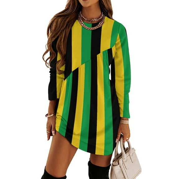 Black Yellow Green Stripes Loose Dress Evening Dress Summer Dresses for Women Luxury Dress Long Sleeved Dress