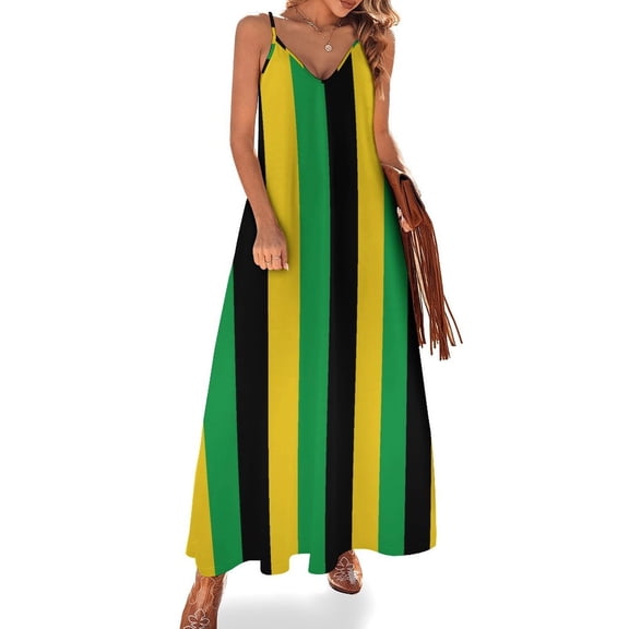Black Yellow Green Stripes Sleeveless Suspender Dress Summer Fashion Casual Long Dress