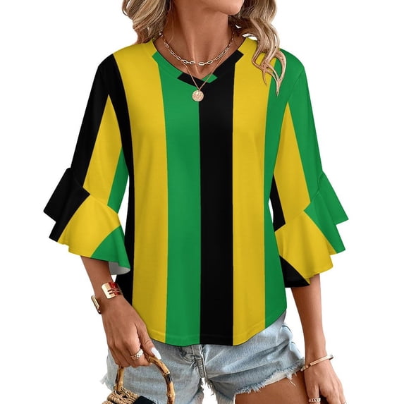 Black Yellow Green Stripes Women's V-Neck Blouse With 3/4 Ruffled Bell Sleeves Casual Top Ladies Blouses