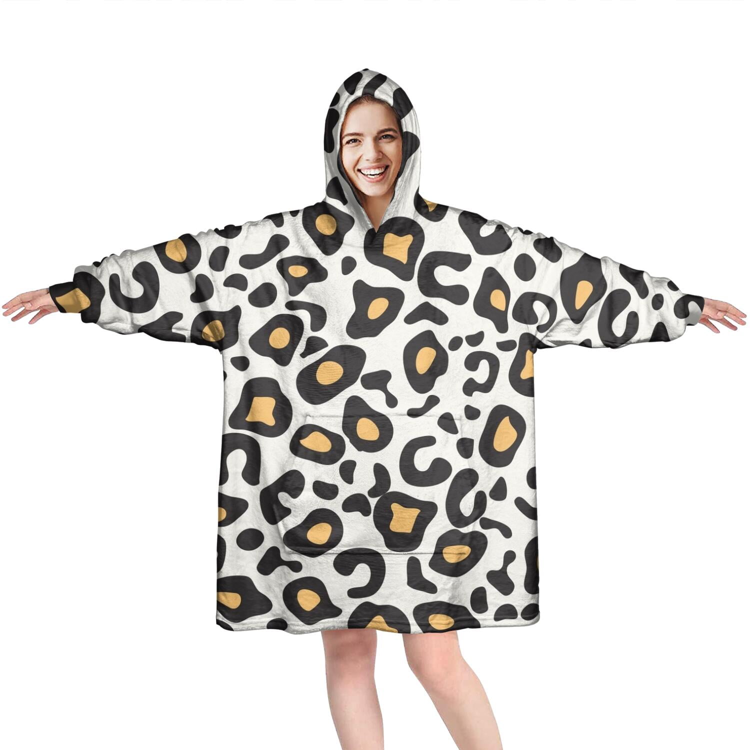 Black and Yellow Of Leopard Print Wearable Oversized Blanket,Wearable Blanket Hoodie for Adults,Cozy Hooded Blankets with Super Pockets,Super Warm Fuzzy Pullover for Women & Men