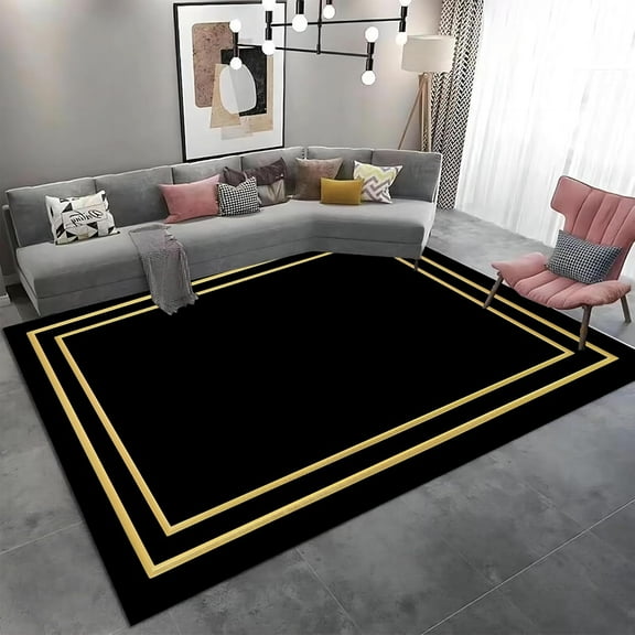 Black Yellow Lines Area Rug Modern Stylish Living Room Rugs Bathroom Rrug Non-Slip Design Laundry Room Runner Rug-Functional And Stylish Rug For Utility Spaces 2x3ft
