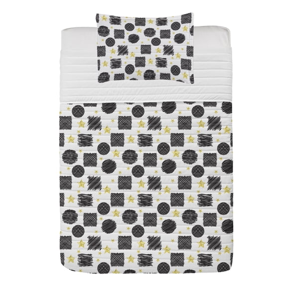 Black and Yellow Microfiber Bedspread Set, Scribble Art Theme with Circles Squares and Stars Geometric Doodle, Soft Bedding Set with Pillow Shams & Comforter, 3 Sizes, Black Yellow White, by Ambesonne