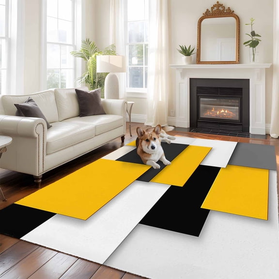 Black Yellow Patchwork 5x7 Area Rugs for Living Room, Abstract Geometric Art Non Slip Floor Mat Washable Low-Profile Indoor Carpet for Bedroom, Dining Room, Bathroom