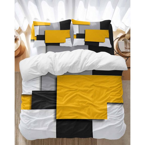 Black Yellow Patchwork Bedding Duvet Cover Set Twin Size 4 Pieces Geometric Abstract Art Bedding Set with Zipper Closure, 1 Comforter Cover 68x90 Inches 1 Flat Sheet & 2 Pillow Cases
