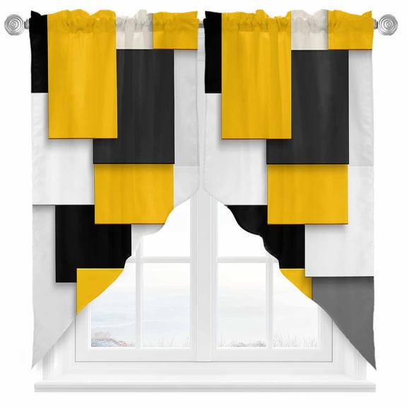 Black Yellow Patchwork Swag Valances for Windows 2 Pack Abstract Geometric Art Swag Kitchen Curtains 36 Inches Long Rod Pocket Short Window Treatment for Kitchen Bathroom 28"x36"