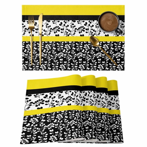 Black Yellow Placemats Set of 12,Cotton Linen Fabric Place Mats,Garden Floral Stripe Aesthetic Flower Boho Washable Decorative Table Mats Protector for Home Kitchen Dining Wedding Party Coffee Tables
