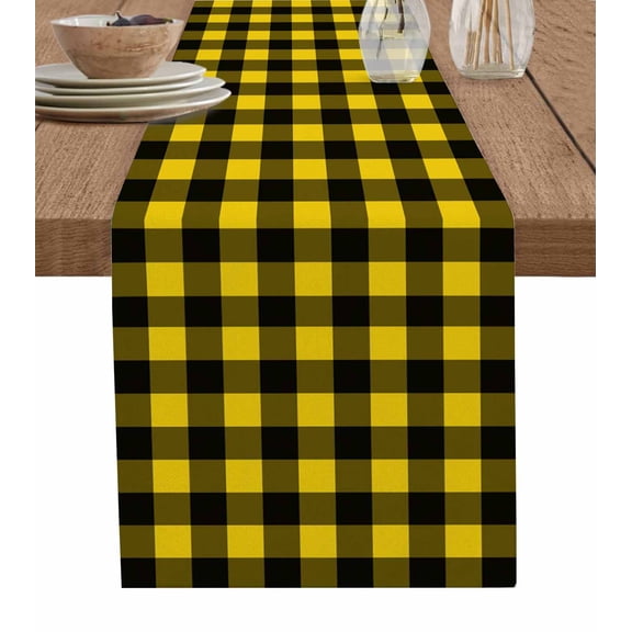 Black Yellow Plaid Burlap Cotton Table Runner 13x108 Inches Long, Retro Country Buffalo Check Gingham Farmhouse Table Runners, Outdoor Dining Tablecloths Decor for Baby Shower/Party/Wedding