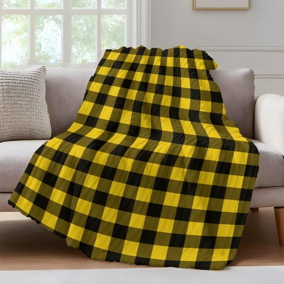 Black Yellow Plaid Fleece Throw Blanket for Couch, Retro Country Buffalo Check Gingham Microfiber Flannel Blanket for All Season, Lightweight Soft Throw Blankets for Gifts, Home Decor, 32"x47"