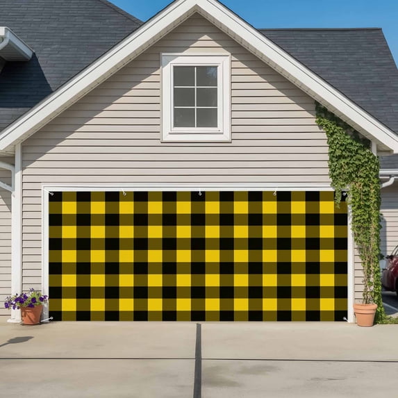 Black Yellow Plaid Garage Door Cover Banner 7 x 16 FT, Retro Country Buffalo Check Gingham Garage Door Curtains Backdrop with Grommets for Indoor Outdoor Wall Party Porch Yard Decorations Background