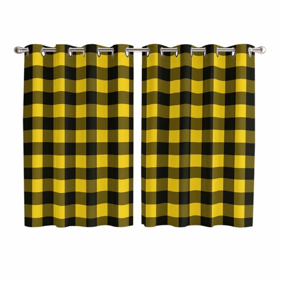 Black Yellow Plaid Kitchen Curtains 72 Inch Length, Retro Country Buffalo Check Gingham Grommet Top Bedroom Living Room Curtains, Light Filtering Cafe Curtain Drapes 2 Panels Set 104''x72''