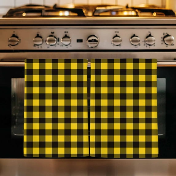 Black Yellow Plaid Kitchen Towels Set of 2, Retro Country Buffalo Check Gingham Absorbent Dish Towels for Kitchen, Microfiber Hand Towel, Quick Drying Tea Towel for Cleaning Decorative Dishcloths