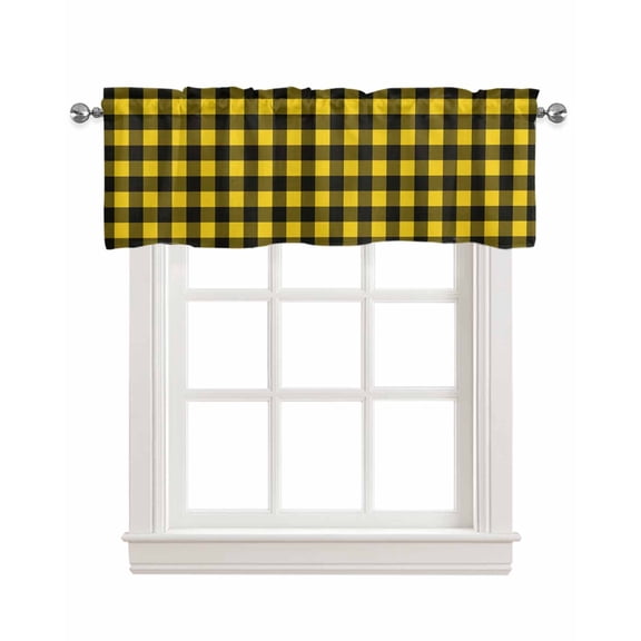 Black Yellow Plaid Kitchen Valances for Windows Farmhouse Linen Window Valance Curtain for Living Room Window Treatment Retro Country Buffalo Check Gingham Valance Rod Pocket Topper, 60 x 18 Inch