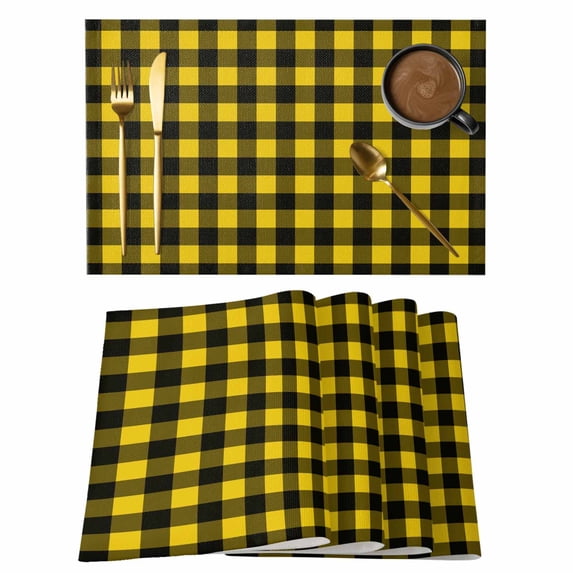 Black Yellow Plaid Placemats Set of 4, Retro Country Buffalo Check Gingham Placemats for Dining Table, Place Mats for Kitchen Tabletop, Waterproof Wipeable Dining Table Mats Set