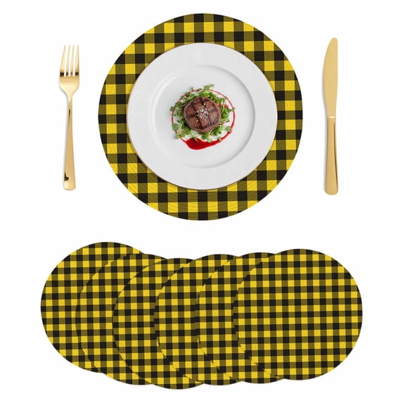Black Yellow Plaid Round 13 Inch Placemats Set of 6, Retro Country Buffalo Check Gingham HeatResistant Non Slip Place Mats for Dining Table, Wipeable Braided Kitchen Table Mats for Housewarming