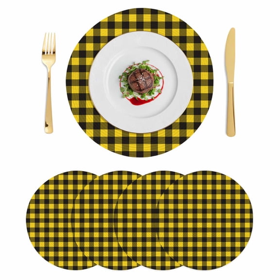 Black Yellow Plaid Round 15 Inch Placemats Set of 4, Retro Country Buffalo Check Gingham HeatResistant Non Slip Place Mats for Dining Table, Wipeable Braided Kitchen Table Mats for Housewarming
