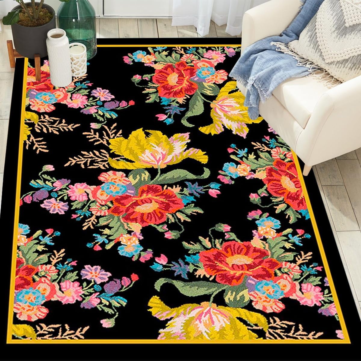 Black Yellow Red Flowers Printed Retro Floral Area Rug 2' x 3' Non ...