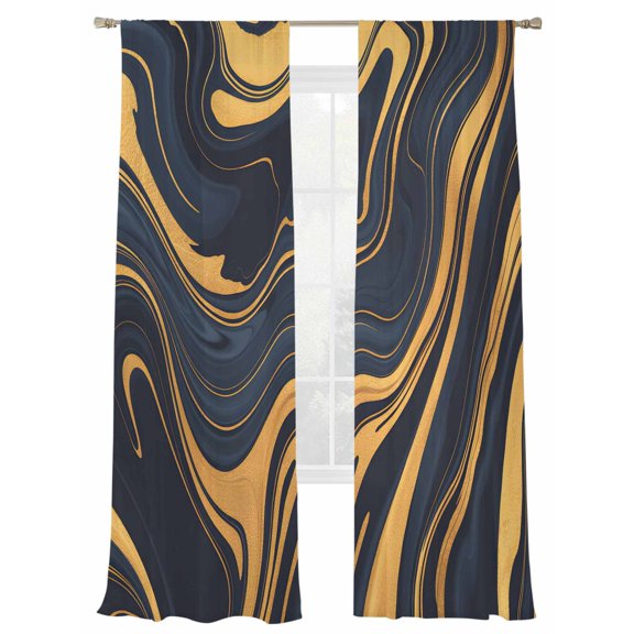 Black Yellow Sheer Curtains 2 Panels Set Fluid Texture Abstract Art Modern Style Sheer Window Curtains Light Filtering Rod Pocket Voile Drapes for Bedroom Living Room 52"X96"