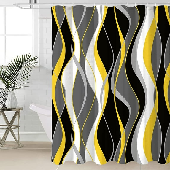 Black and Yellow Shower Curtain, Abstract Modern Grey and Yellow Bathroom Decor Accessories, Waffle Weave Textured Fabric Shower Curtain Set with Hooks, 72x72