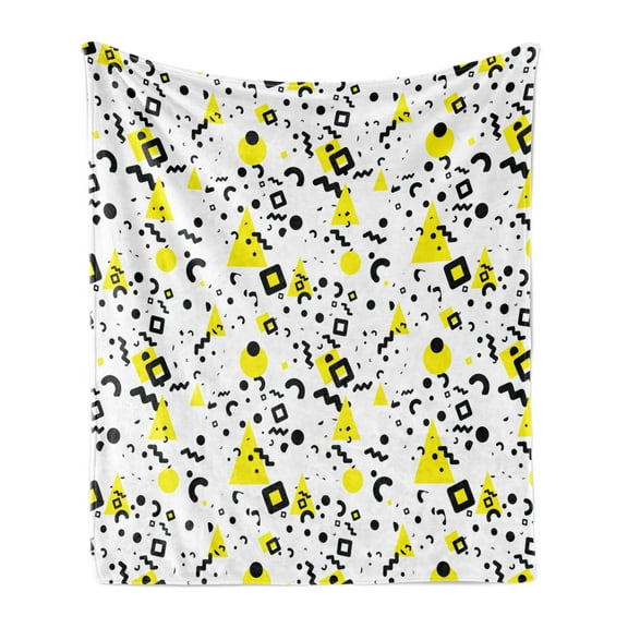 Black and Yellow Soft Flannel Fleece Blanket, Prehistoric Patterns of Minimalism 80's 90's Years Memphis Style, Cozy Plush for Indoor and Outdoor Use, 50" x 70", Black Yellow White, by Ambesonne