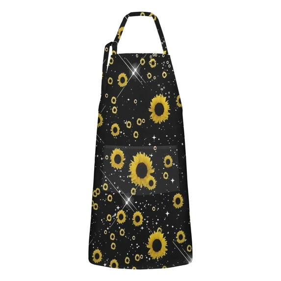 Black Yellow Star Sunflower Pattern Apron-Garden Aprons for Women with Pockets-Cotton Linen Waterproof Kitchen Cooking Gardening Aprons Adjustable for Kitchen,Cooking,BBQ and Salon 33x27 Inch