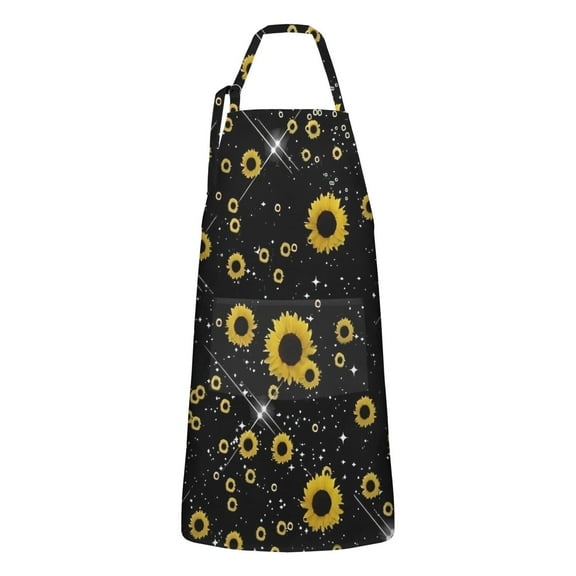 Black Yellow Star Sunflower Pattern Apron-Garden Aprons for Women with Pockets-Cotton Linen Waterproof Kitchen Cooking Gardening Aprons Adjustable for Kitchen,Cooking,BBQ and Salon 33x27 Inch