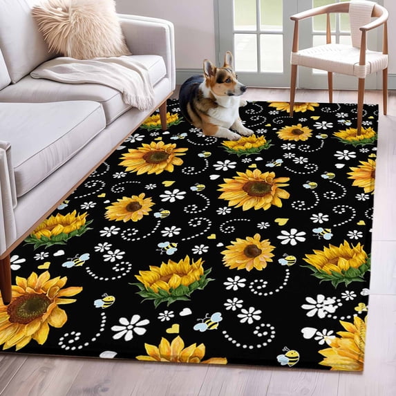Black Yellow Sunflower Area Rugs 3'x5', Washable Small Throw Rugs for Living Room Bedroom, Summer Botanical Farmhouse Floral Indoor Outdoor Rug Non-Slip Low Pile Carpet Runner Reversible Floor Mats