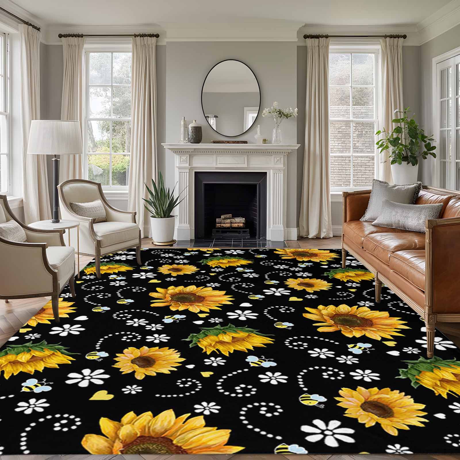 Black Yellow Sunflower Area Rugs 5'x7', Washable Small Throw Rugs for ...