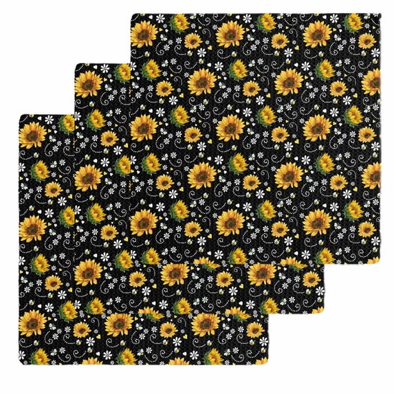 Black Yellow Sunflower Kitchen Dish Towels for Drying Dishes Set of 3, Summer Botanical Farmhouse Floral Waffle Weave Microfiber Hand Tea Bathroom Towels Quick Dry & Absorbent Towel 12x12