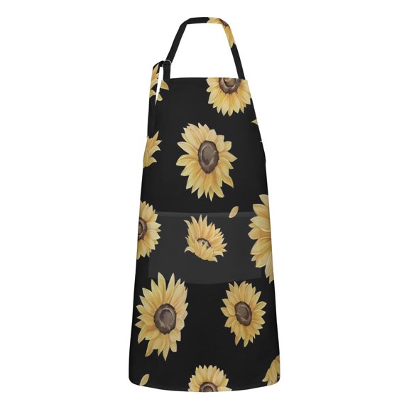 Black Yellow Sunflower Pattern Apron-Garden Aprons for Women with Pockets-Cotton Linen Waterproof Kitchen Cooking Gardening Aprons Adjustable for Kitchen,Cooking,BBQ and Salon 33x27 Inch