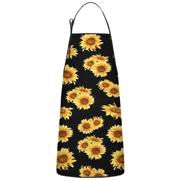 Black Yellow Sunflower Pattern Apron-Garden Aprons for Women with Pockets-Cotton Linen Waterproof Kitchen Cooking Gardening Aprons Adjustable for Kitchen,Cooking,BBQ and Salon 33x27 Inch