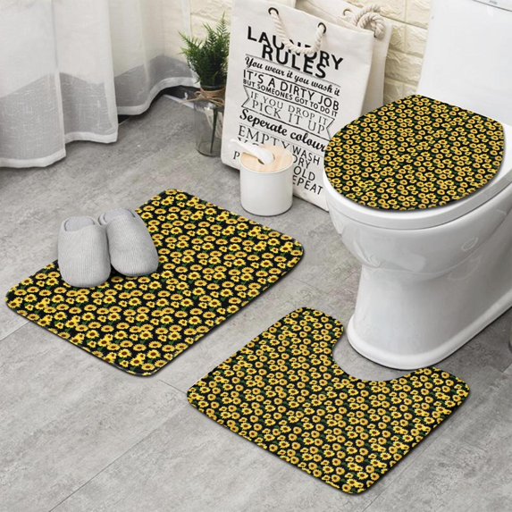 Black Yellow Sunflower Pattern Bathroom Rugs Sets 3 Piece,Toilet Cover Set,Absorbent Non Slip Bathroom Mats Sets with U-Shaped Contour Rug Toilet Rug Set