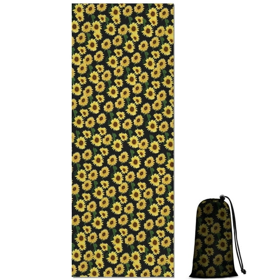 Black Yellow Sunflower Pattern Hot Yoga Mat Towel Non Slip for Hot Yoga - Quick-Drying Yoga Mat Cover with 4 Corner Pockets with Travel Bag - Hot Yoga Towel Non Slip 70"x26"