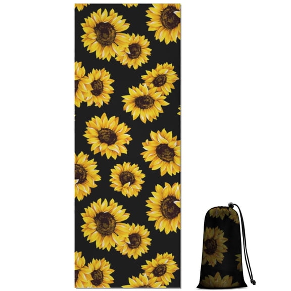 Black Yellow Sunflower Pattern Hot Yoga Mat Towel Non Slip for Hot Yoga - Quick-Drying Yoga Mat Cover with 4 Corner Pockets with Travel Bag - Hot Yoga Towel Non Slip 74"x26"