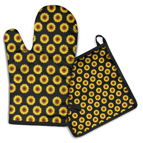 Black Sunflower Kitchen Oven Mitt and Pot Holder Sets 2 Pcs for Baking, Cooking and Grilling, Heat Resistant Up To 392 °F