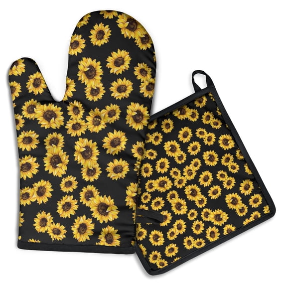 Black Yellow Sunflower Pattern Kitchen Oven Mitt and Pot Holder Sets 2 Pcs for Baking, Cooking and Grilling, Heat Resistant Up To 392 °F