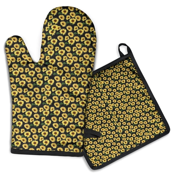 Black Yellow Sunflower Pattern Kitchen Oven Mitt and Pot Holder Sets 2 Pcs for Baking, Cooking and Grilling, Heat Resistant Up To 392 °F
