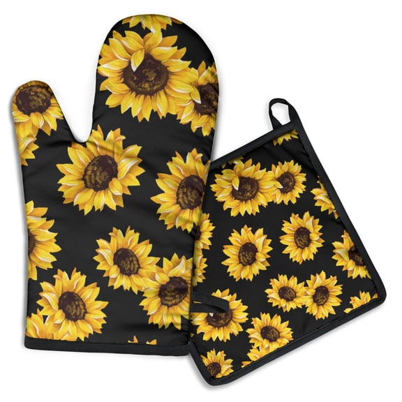 Black Yellow Sunflower Pattern Kitchen Oven Mitt and Pot Holder Sets 2 Pcs for Baking, Cooking and Grilling, Heat Resistant Up To 392 °F