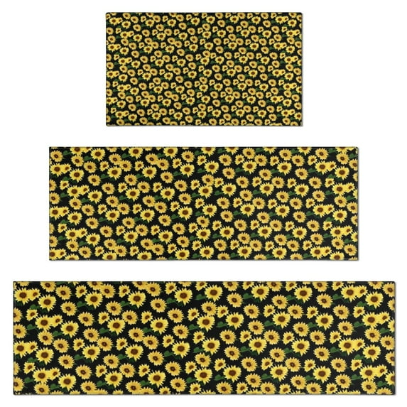 Black Yellow Sunflower Pattern Kitchen Rugs Sets Of 3,Kitchen Runner Rugs Non Skid Washable,Decorative Kitchen Floor Mats for Kitchen,Sink,Laundry,17"x30"+ 17"x47" + 17"x59"