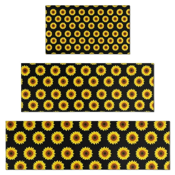 Black Yellow Sunflower Pattern Kitchen Rugs Sets Of 3,Kitchen Runner Rugs Non Skid Washable,Decorative Kitchen Floor Mats for Kitchen,Sink,Laundry,17"x30"+ 17"x47" + 17"x59"